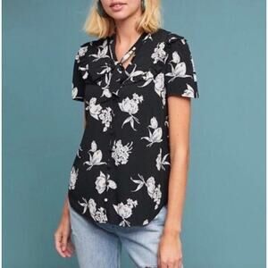 Anthopologie Maeve Black Floral Adagio Ruffle Collar Tie Top Small